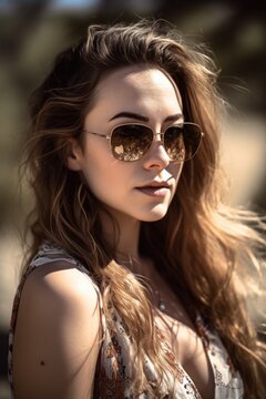 a beautiful young woman posing with her sunglasses on