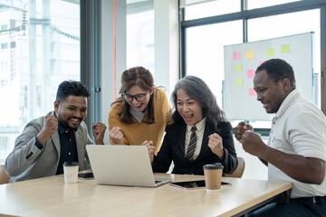 group of business people meeting and brain storming to plan on laptop computer, Creative agency business brain storm meeting presentation, business people teamwork consult organize big data summary