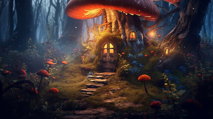 a small house made of mystical dream mushrooms. - obrazy, fototapety, plakaty