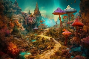 Fototapeta na wymiar Digital psychedelic journey into surreal landscape of ego death; LSD, magic mushrooms or ayahuasca experience. Generative AI