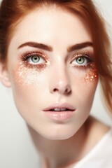 Fototapeta premium shot of a beautiful woman with sparkles on her eyes against a white background
