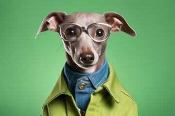 Medium shot portrait photography of a cute italian greyhound dog wearing a denim vest against a green background. With generative AI technology