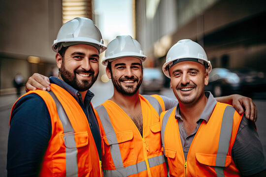 A group of smiling construction workers wearing uniforms, in the city
