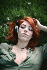 Naklejka premium a young woman listening to music while lying down on the grass