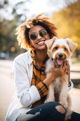 shot of a young woman making a peace sign while holding her dog outside