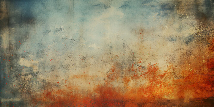 An abstract and artistic background with a weathered, grunge texture in various shades of blue and orange. 
