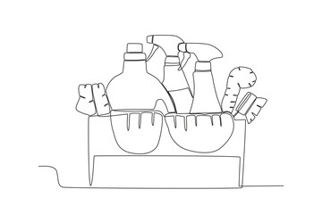 A set of cleaning equipment . Cleaning supplies one-line drawing