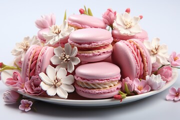 A white plate topped with pink macarons and white flowers. Digital image.