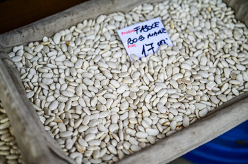 Fasola beans loose on a market stall in the Cibinsmarkt, Piaţa Cibin market in Hermannstadt, Sibiu, Transylvania, Romania