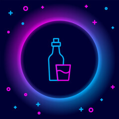 Glowing neon line Soju bottle icon isolated on black background. Korean rice vodka. Colorful outline concept. Vector