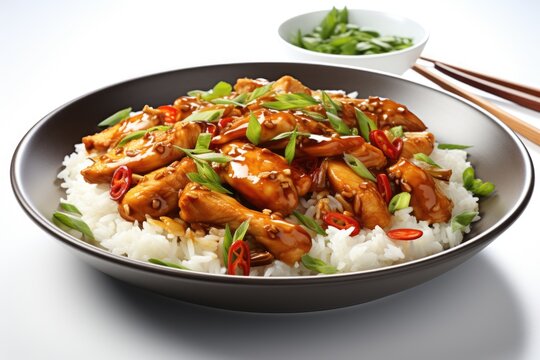 A bowl filled with rice and meat with chopsticks. Digital image. Spicy Kung Pao chicken dish.