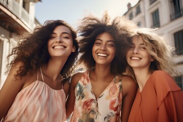 Fototapeta premium Three young multicultural women having fun on city street outdoors, Mixed race female friends enjoying summertime vacation together. Friendship concept with happy girls. generative AI