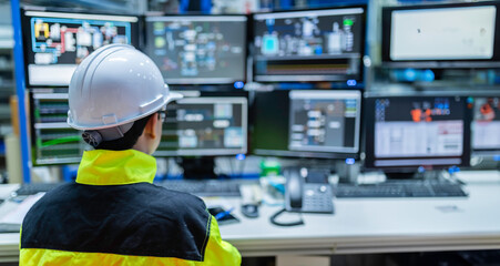 Inside the large Industry Factory Female Computer Engineer Works on Personal Computer She coding program for control machine,Thailand people work on fours monitors,Programmer working with serious