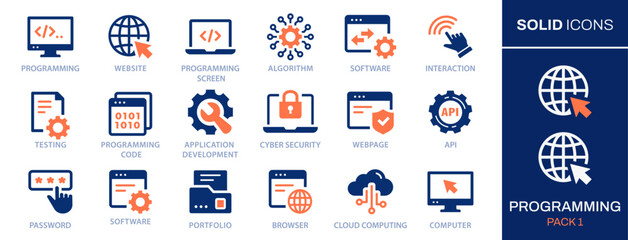 Programming icon set. Collection of software, program, application, computer and more. Vector illustration. Easily changes to any color.