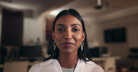 Face, video call and wave of woman in home, remote work or communication at night. Portrait, hello and happy Indian professional in webinar of creative designer in virtual business meeting conference - Powered by Adobe