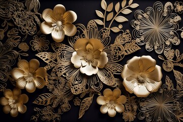 Luxurious background adorned with black and gold floral patterns and intricately cut paper flowers. Generative AI