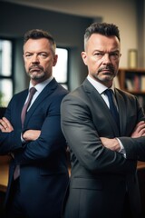 shot of two businessmen standing with their arms crossed in an office