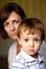head and shoulders portrait of a cute little boy with his mother standing behind him in the background