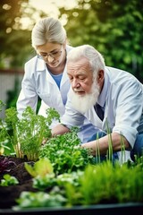 shot of a male caregiver and his elderly female client looking at seedlings in the garden
