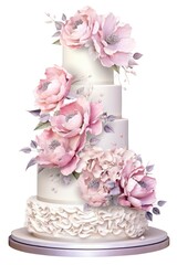 A three tiered cake with pink flowers on top. Digital image.