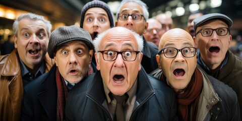 Group of elderly men have just heard something they've never heard before and opened their mouths. Generative AI - obrazy, fototapety, plakaty