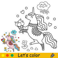 Cartoon doodle unicorn with an ice-cream kids coloring vector