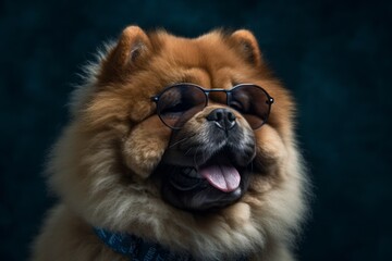 Obraz premium Group portrait photography of a funny chow chow dog wearing a hipster glasses against a navy blue background. With generative AI technology