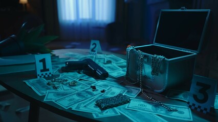 Closeup shot of the table with evidence numbers and illegal objects in the apartment room. Police flashlights behind the window.