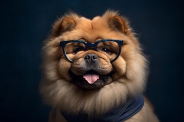 Group portrait photography of a funny chow chow dog wearing a hipster glasses against a navy blue background. With generative AI technology