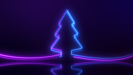 Christmas tree glow neon light , floor reflection.
