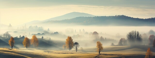 View beauty autumn foggy, landscape background