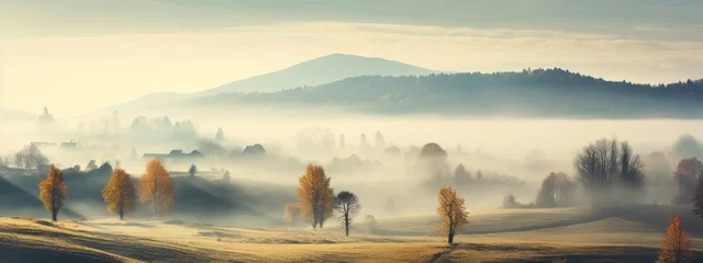 Fotobehang View beauty autumn foggy, landscape background © Chand Abdurrafy
