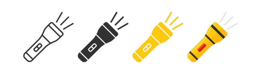Flashlight icon. Torch signs. Lamp light symbol. Electric portable device symbols. Spotlight for police icons. Black, yellow, flat color. Vector sign.