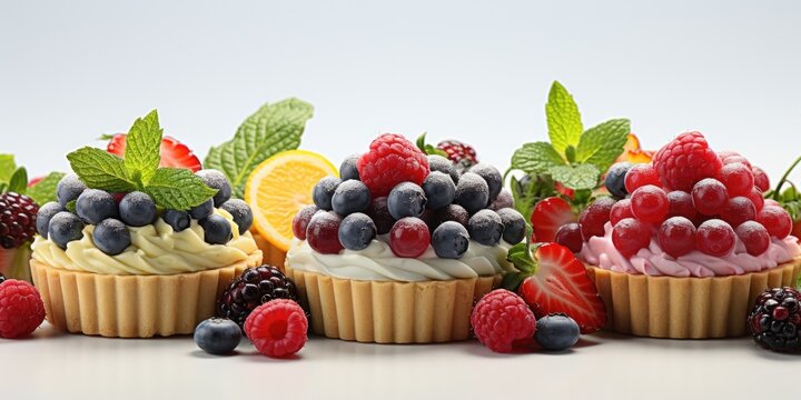 A group of cupcakes with berries and mint leaves. Digital image.