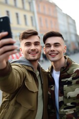 Fototapeta premium shot of two friends taking a selfie together using a smartphone outdoors