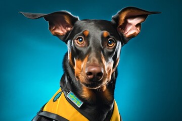 Close-up portrait photography of a smiling doberman pinscher wearing a reflective vest against a teal blue background. With generative AI technology