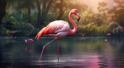 pink flamingo on the lake, pink flamingo swimming on the water, close-up of a beautiful pink flamingo