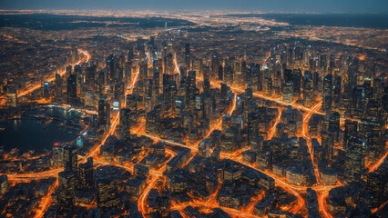 view of the metropolis from a bird's eye view. big city at night time. light pollution