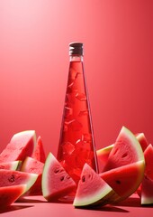 Electrolyte drink with cold-pressed fresh watermelon juice in a glass bottle against the background of a piece of ripe watermelon, minimalist still life.