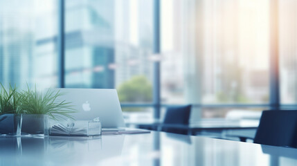 An elegant and minimalist blurred background image of a modern office with panoramic windows, creating a serene atmosphere.