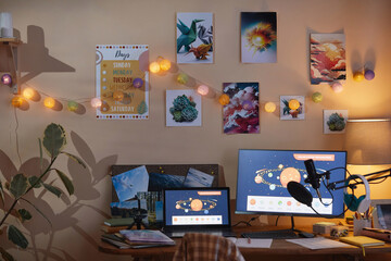 Background image of cozy teens room with wall decor and space theme in evening light, copy space