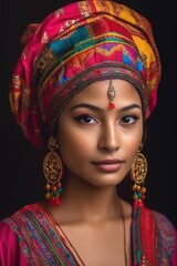 cropped shot of a young ethnic woman wearing colorful traditional headwear