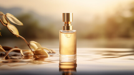 A minimalistic skincare bottle rests in radiant golden waters, exuding simplicity and elegance.