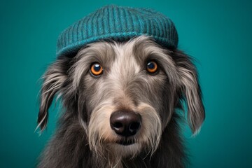 Headshot portrait photography of a cute scottish deerhound wearing a winter hat against a teal blue background. With generative AI technology