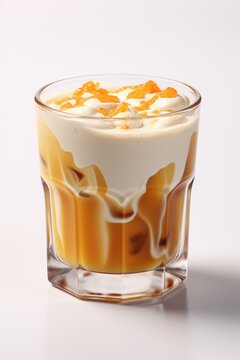 A dessert in a glass on a table. Digital image.