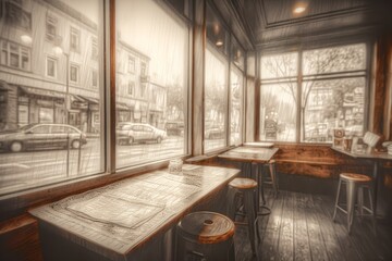 pencil drawing art outside of a coffeeshop on a rainy day
