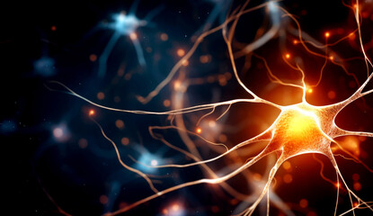 Fototapeta premium This abstract 3D illustration showcases the colorful biochemical process of nerve impulses. Made with AI gereration