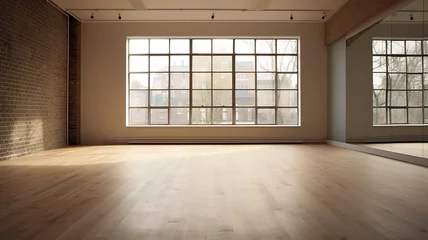 Fototapete Fitness bright empty room hall with a large window and parquet, natural lighting.