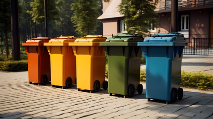 Colored containers for separate waste collection on the street. Caring about an environment, separating garbage into different containers