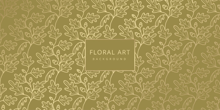 Luxury floral green abstract background with gold hand drawn oak leaves and acorns. Vector design for postcard, wall poster, business card, flyer, banner, wedding invitation, print, cover, wallpaper